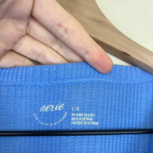 Aerie Blue Waffle Ribbed Knit Long Sleeve Henley T-Shirt - Picture 3 of 5